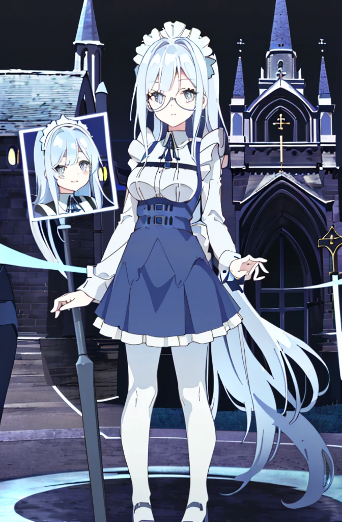 ((cathedral background)),1 girl,blue hair, plump and slender girl, (girl wearing white shirt, black wrinkled skirt, with black transparent pantyhose), ((blue medium hair)),((White Maid Costume)),blue eyes,((whole body)),whole body,((White Maid Costume)),((White Maid Costume)),evil smile,((cathedral background)),((cathedral background)),