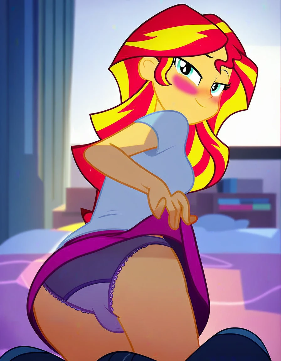 score_9, score_8_up, score_7_up, score_6_up, score_5_up, score_4_up, background sunset apartment, bedroom, sunset shimmer, equestria girls, cute, romantic, bedroom eyes, breasts, bra, female, sexy, bend over, looking back, looking at viewer, beautiful, panties, upskirt, skirt lift, shirt lift, cartoon, vector, show accurate, blushing, male pov, Sunset sticks her ass out, shapely ass, small panties. Male POV has a bulge in his pants.