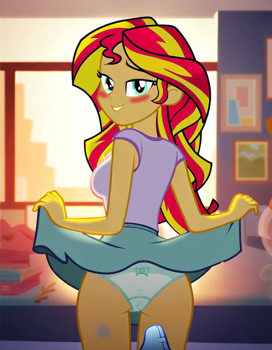 score_9, score_8_up, score_7_up, score_6_up, score_5_up, score_4_up, background sunset apartment, bedroom, sunset shimmer, equestria girls, cute, romantic, bedroom eyes, breasts, bra, female, sexy, bend over, looking back, looking at viewer, beautiful, panties, upskirt, skirt lift, shirt lift, cartoon, vector, show accurate, blushing, male pov, Sunset sticks her ass out, shapely ass, small panties. Male POV has a bulge in his pants.