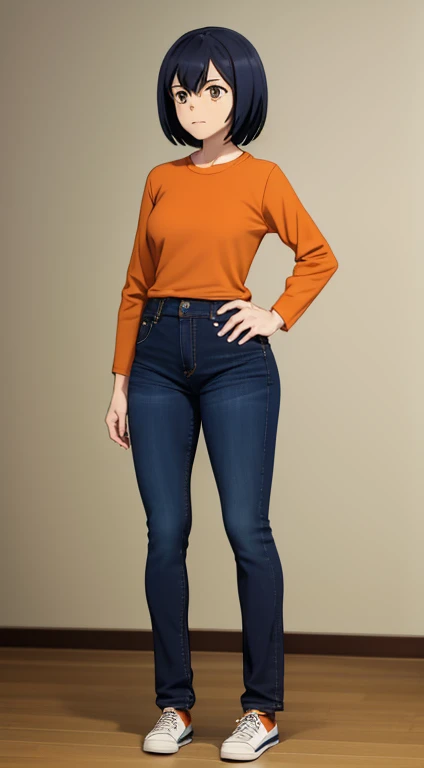 1girl, (masterpiece, best quality), sakurada, orange t shirt, long sleeves, blue pants, bootcut jeans, scoop neck, indoors, room, Hands on hips, belly botton, blue shoes, full body, looking at the vewers, 