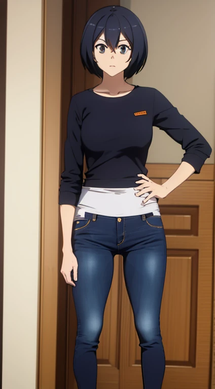 1girl, (masterpiece, best quality), sakurada, orange t shirt, long sleeves, blue pants, bootcut jeans, scoop neck, indoors, room, Hands on hips, belly botton, blue shoes, full body, looking at the vewers, 