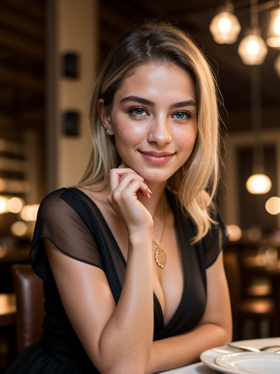 photography of a 20yo woman,light blond hair,blue-eyed woman, perfect face, masterpiece,instaphoto,latina, a mole on my right cheek, photorealisic,8k, a gentle smile,romantic dinner in a restaurant, model pose,revealing black dress,necklace,drink whisky