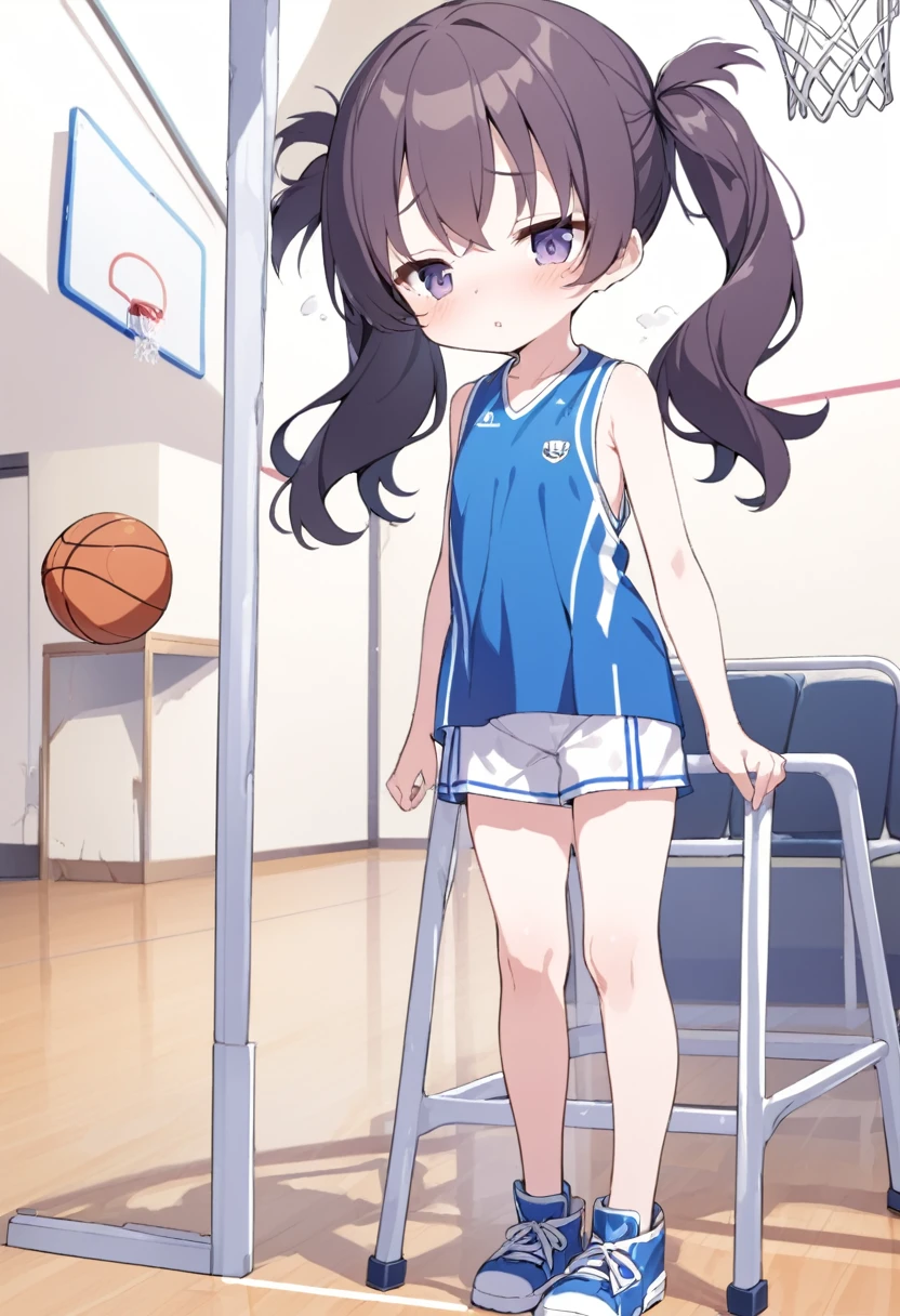 nsfw,seminude,
Poorly built, short girl in mini-basketball uniform
Twin-tail hair
Gymnasium with basketball goal