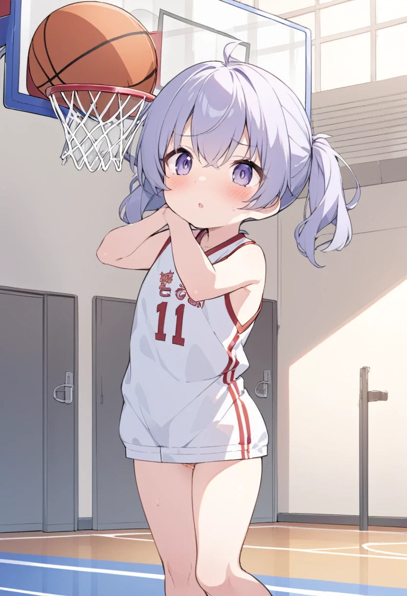 nsfw,seminude,
Poorly built, short girl in mini-basketball uniform
Twin-tail hair
Gymnasium with basketball goal