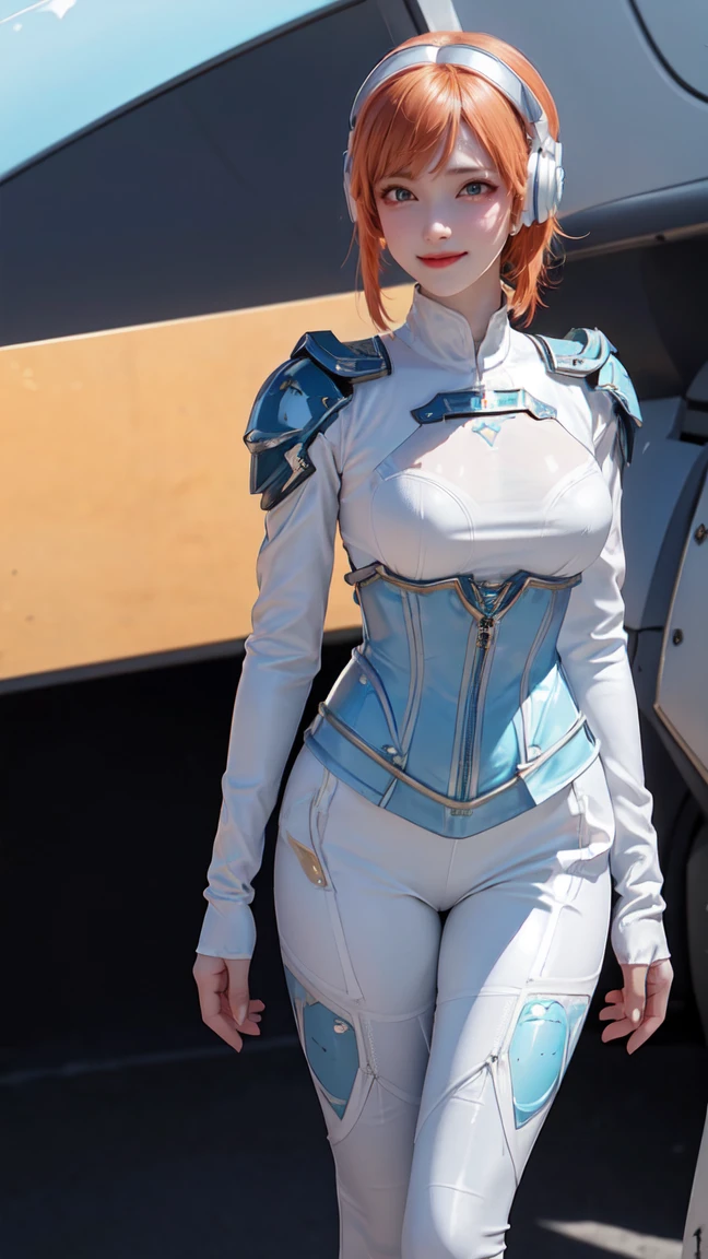 Gwen Tennyson,1 girl,marker,Elsa,Rebecca Chambers,watch,Gundam,close up,mecha pilot,aircraft carrier deck,white and blue jumpsuit,clip,pirate corset, white long sleeve lycra blouse,legging laranja,shorth hair,Cute makeup,greeneyes,orange hair with aqua highlights,shy smile, freckles,redheadwear,beautiful girl,breasts big,ultra detaild,realisitic,Fantasyart, gaming headset,Pilot jacket,helicopter,