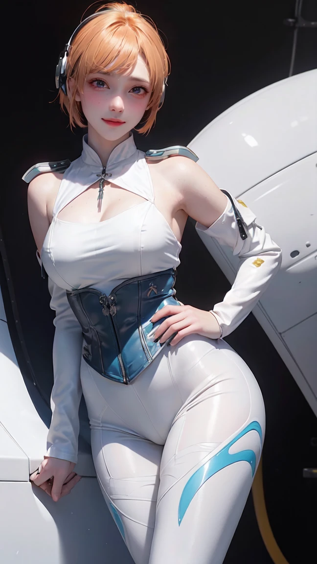 (masterpiece), (best quality), (red eyes), (epiCRealLife), (red lipstick), (show cleavage) (j4nu4ryj0n3s show cleavage) (young woman), (European Model), , (ayanami_rei crop top plugsuit), interface headset, white crop top bodysuit),(white gloves) (red eyes), (blue hair), (medium breasts),(flash photography), (natural lights), (ample lights),( light smile), (pose for picture), (white gloves), (light smile), (space station lobby),  (spaceship cockpit), (galaxy scenery), (cowboy shots)