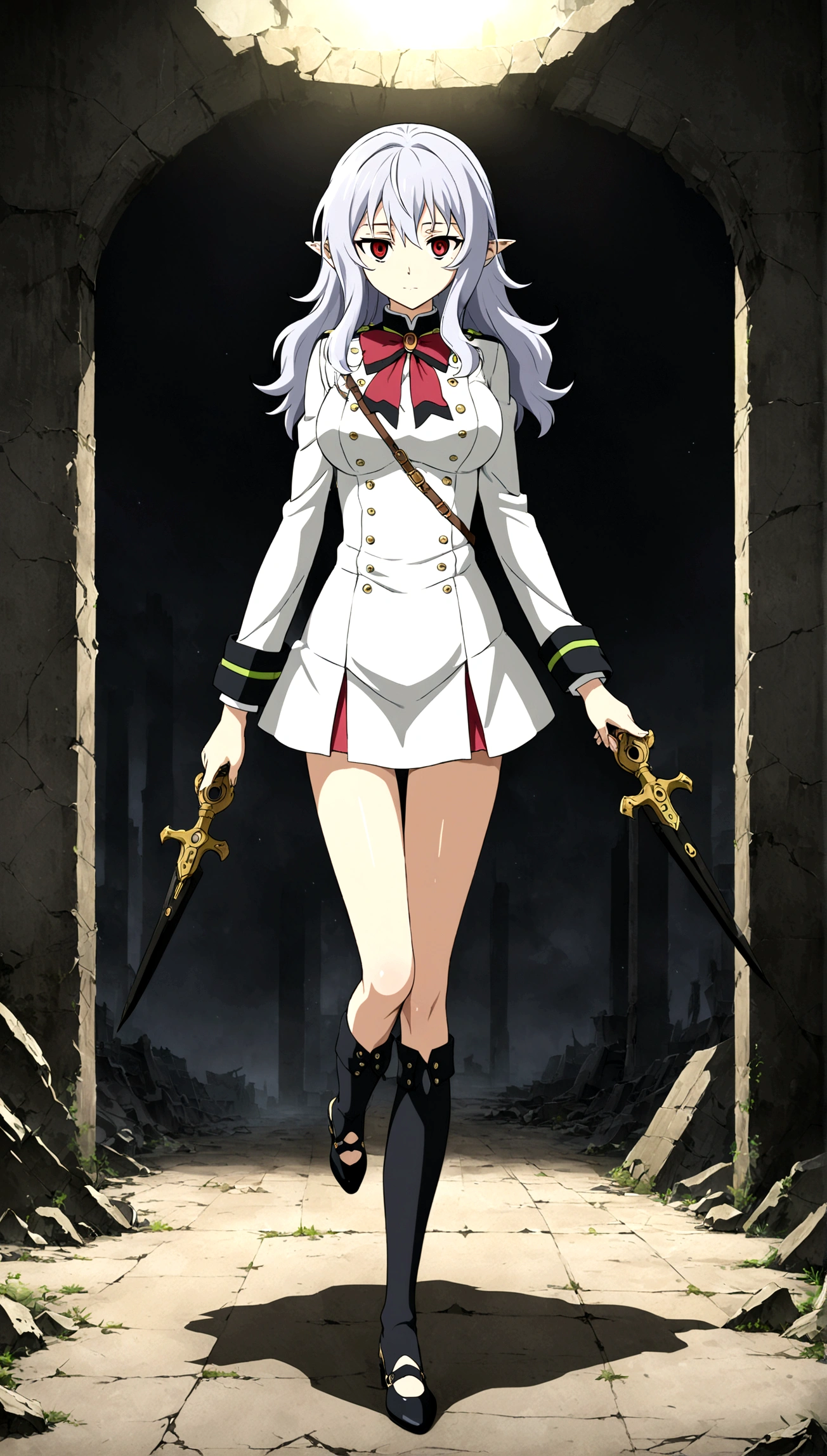 Anime. Owari no Seraph. 1 Girl. Expensive . A vampire. Clumsy. Progenitor. Silver hair. Wavy hair. Long hair. Red eyes. Beautiful eyes. Perfect eyes. Expressive eyes. Ideal face. Perfect body. Beautiful long ones. legs. Beautiful nose. 18 years. Big breasts. Standing. Full height. Beautiful character design. Shiny skin. Pointy ears. White dress. Vampire uniform dress from Owari no Seraph. Black stockings. Heeled shoes. He holds a worn-out dagger in each hand. Ruins of Tokyo. Whole body. NSF. Official art. Extremely detailed CG Unity 8k wallpaper. Ideal lighting. Ultra high resolution 4K. Super detailed 8K. A high resolution.