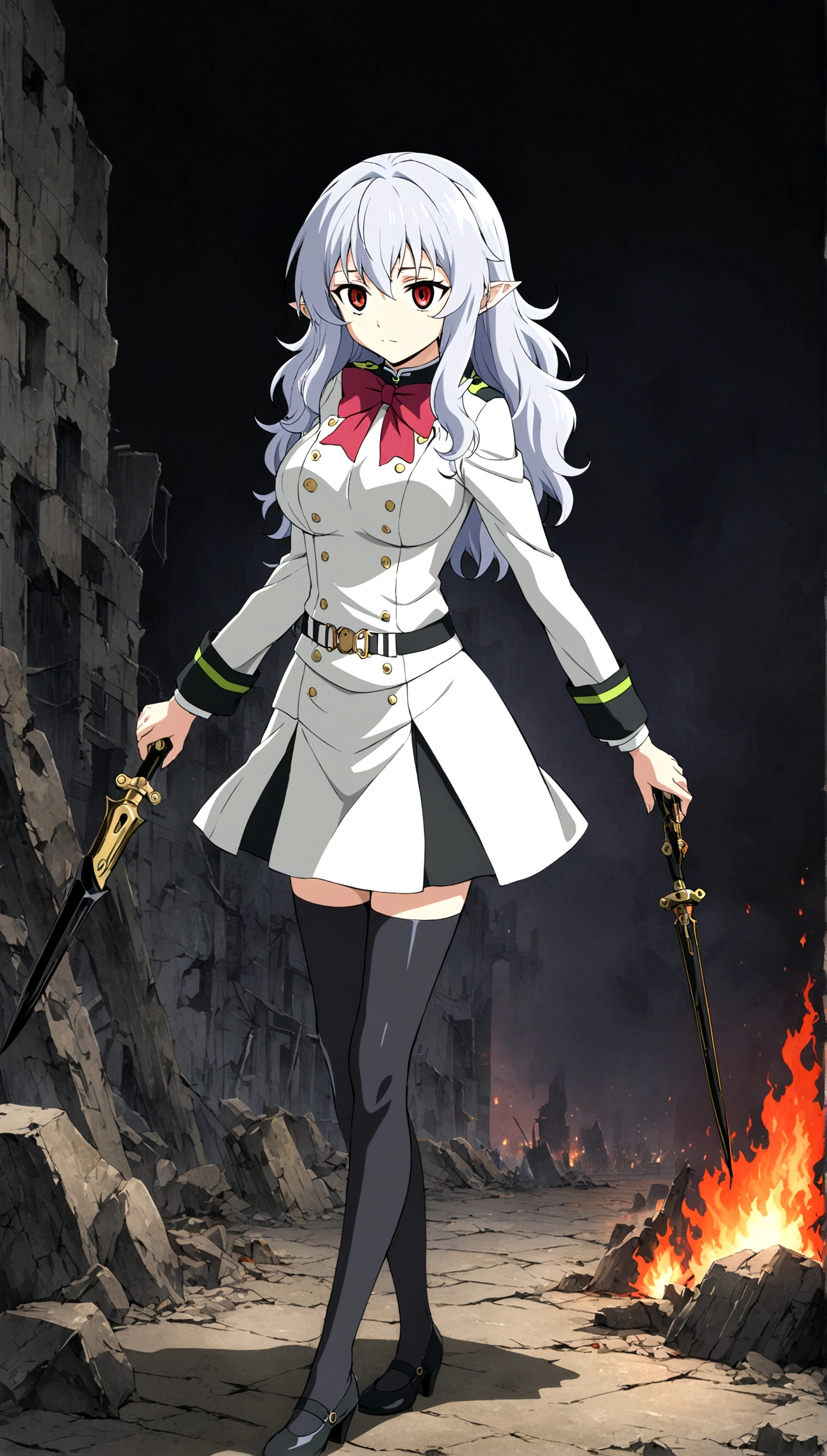 Anime. Owari no Seraph. 1 Girl. Expensive . A vampire. Clumsy. Progenitor. Silver hair. Wavy hair. Long hair. Red eyes. Beautiful eyes. Perfect eyes. Expressive eyes. Ideal face. Perfect body. Beautiful long ones. legs. Beautiful nose. 18 years. Big breasts. Standing. Full height. Beautiful character design. Shiny skin. Pointy ears. White dress. Vampire uniform dress from Owari no Seraph. Black stockings. Heeled shoes. He holds a worn-out dagger in each hand. Ruins of Tokyo. Whole body. NSF. Official art. Extremely detailed CG Unity 8k wallpaper. Ideal lighting. Ultra high resolution 4K. Super detailed 8K. A high resolution.