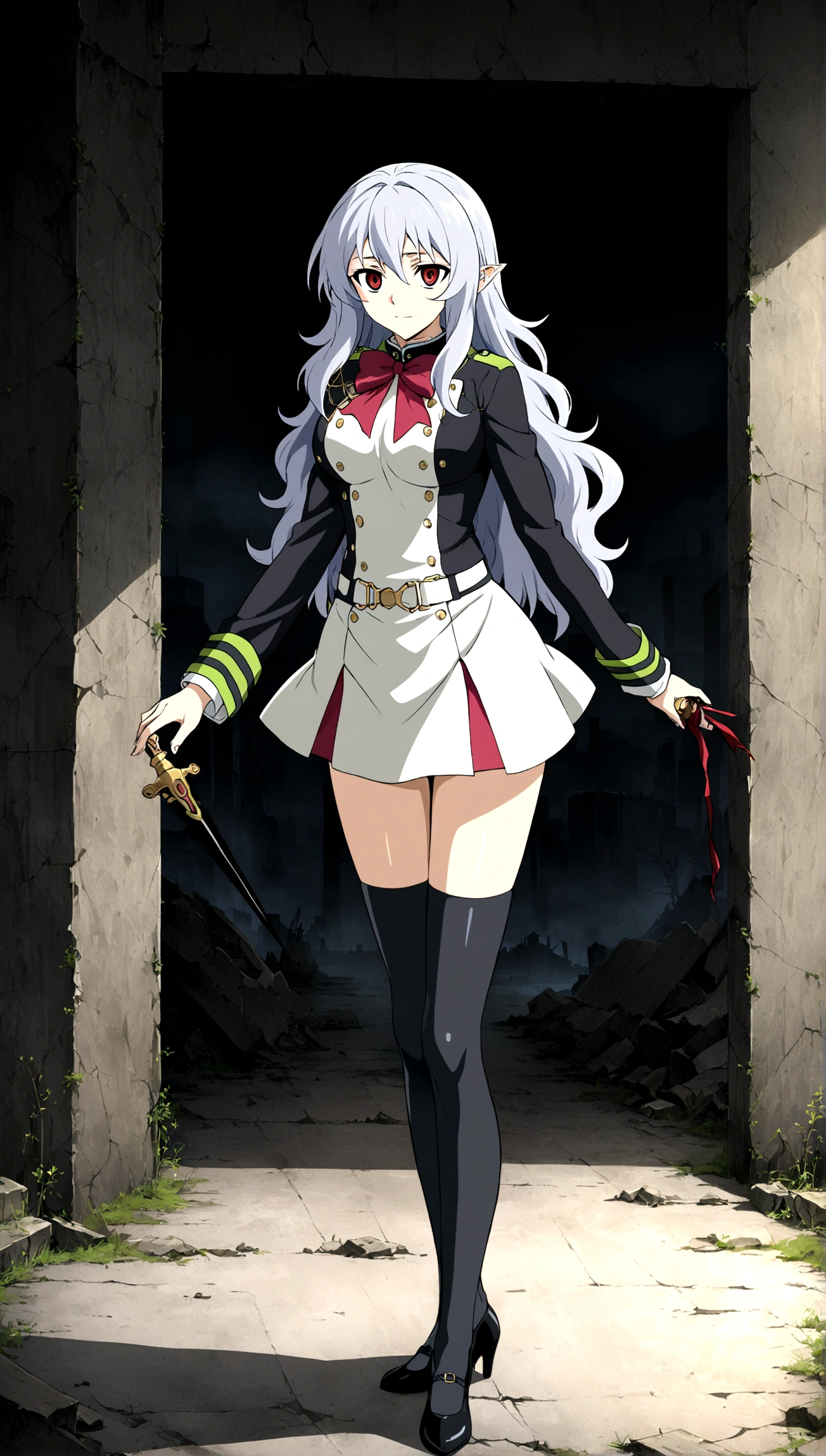 Anime. Owari no Seraph. 1 Girl. Expensive . A vampire. Clumsy. Progenitor. Silver hair. Wavy hair. Long hair. Red eyes. Beautiful eyes. Perfect eyes. Expressive eyes. Ideal face. Perfect body. Beautiful long ones. legs. Beautiful nose. 18 years. Big breasts. Standing. Full height. Beautiful character design. Shiny skin. Pointy ears. White dress. Vampire uniform dress from Owari no Seraph. Black stockings. Heeled shoes. He holds a worn-out dagger in each hand. Ruins of Tokyo. Whole body. NSF. Official art. Extremely detailed CG Unity 8k wallpaper. Ideal lighting. Ultra high resolution 4K. Super detailed 8K. A high resolution.
