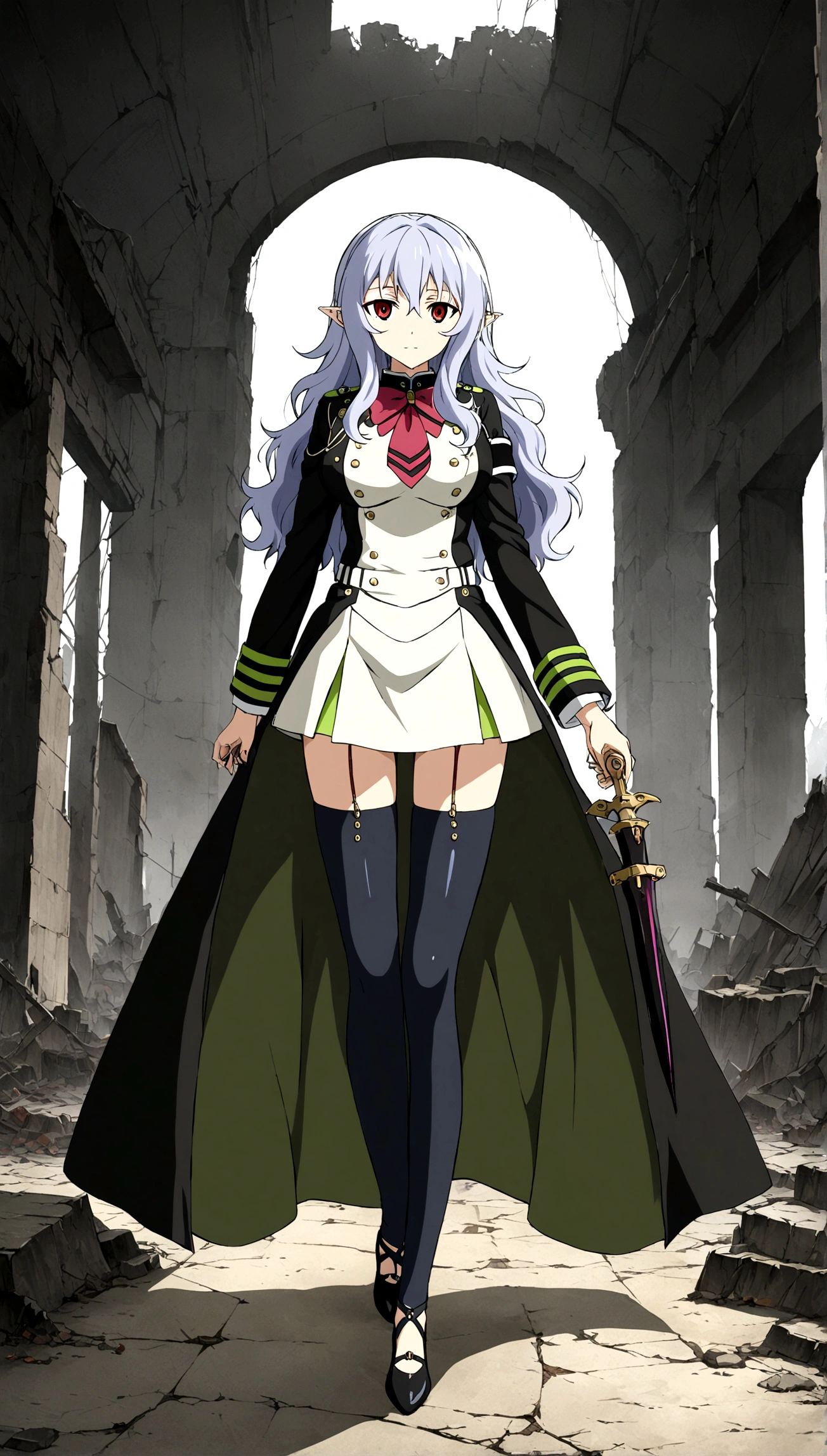 Anime. Owari no Seraph. 1 Girl. Expensive . A vampire. Clumsy. Progenitor. Silver hair. Wavy hair. Long hair. Red eyes. Beautiful eyes. Perfect eyes. Expressive eyes. Ideal face. Perfect body. Beautiful long ones. legs. Beautiful nose. 18 years. Big breasts. Standing. Full height. Beautiful character design. Shiny skin. Pointy ears. White dress. Vampire uniform dress from Owari no Seraph. Black stockings. Heeled shoes. He holds a worn-out dagger in each hand. Ruins of Tokyo. Whole body. NSF. Official art. Extremely detailed CG Unity 8k wallpaper. Ideal lighting. Ultra high resolution 4K. Super detailed 8K. A high resolution.