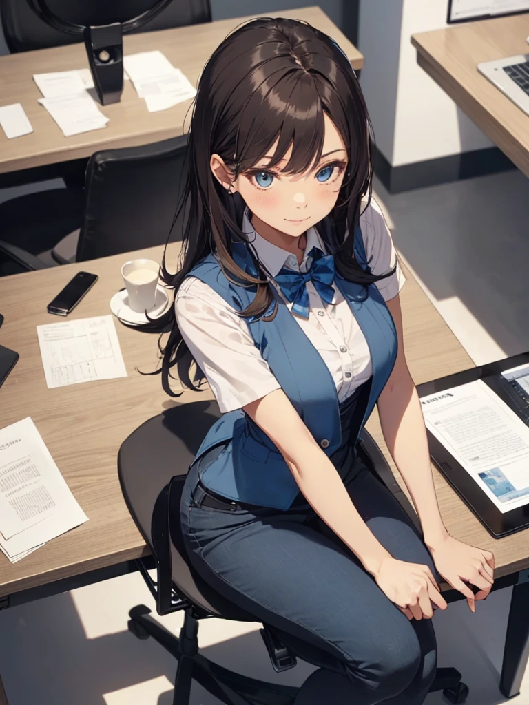 1lady solo, sitting, (from above), office worker, ((blue vest) over white dress shirt), mature female, /(dark brown hair/), kind smile, (masterpiece best quality:1.2) delicate illustration ultra-detailed, large breasts,bowtie BREAK (modern office) indoors, (reception desk), entrance, detailed background