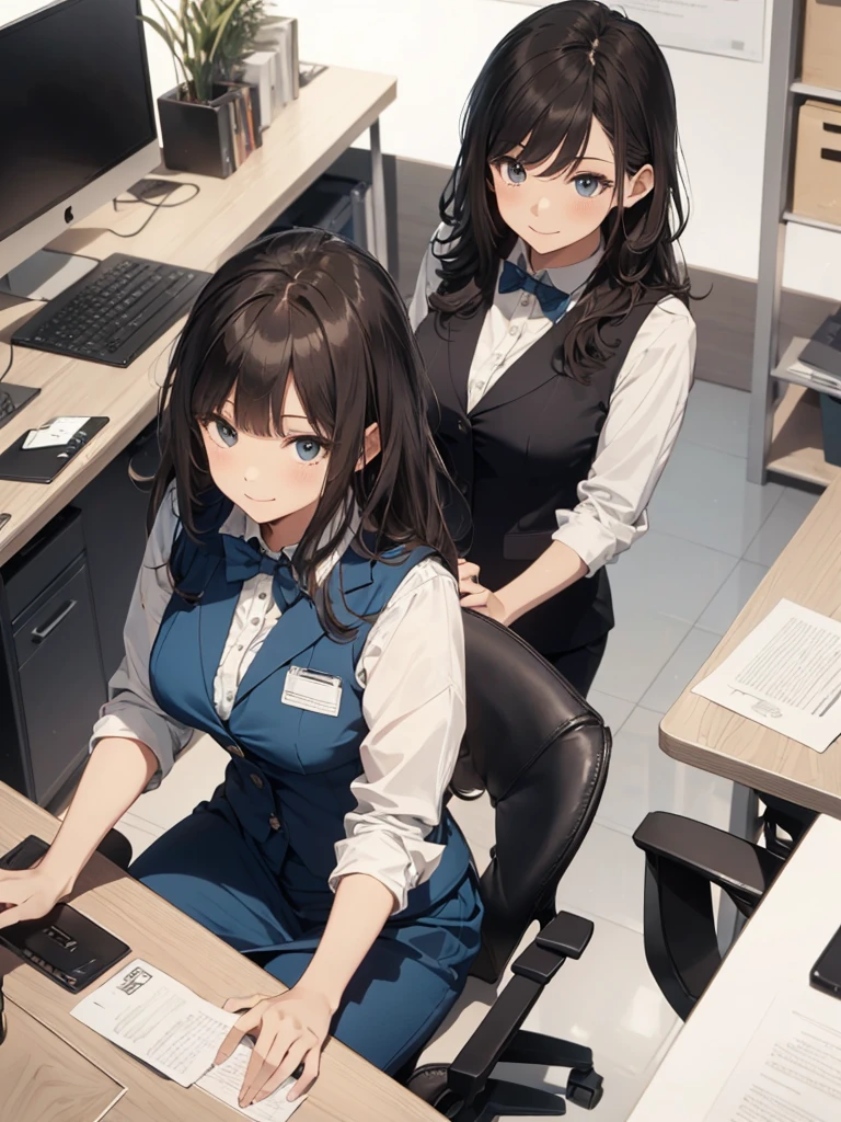 (Modern office indoors), 1 Female ((alone)), (Brown eyes), (Black medium hair), bangs, (Office Casual Pencil Skirt Green), (White shirt), (ID card), A gentle blushing smile, (Masterpiece Top quality:1.2), Delicate illustrations, High resolution, Super detailed, Large Breasts, (Black Stockings), (Sitting)