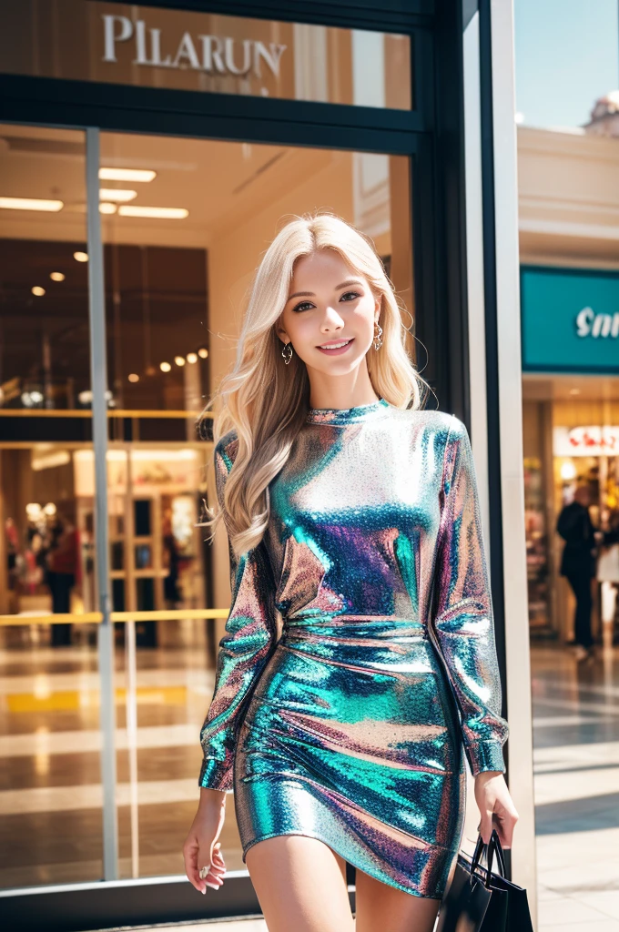 (best quality, 4k ,8k, highres, masterpiece:1.2), ultra-detailed, (realistic, photorealistic, photo-realistic:1.37), closeup, beautiful Swedish woman, beautiful smile, beautiful makeup, platinum blonde hair, fair skin, slender figure, elegant posture, wearing large sparkling colorful jewelery, wearing a business style leather dress, standing in a large shopping mall, gentle sunlight shining through the shopping mall windows, casting a soft glow on her face, adding warmth to the scene, vibrant colors, capturing the essence of vibrant city life, portrait style, showcasing her natural beauty and grace in a feminine way