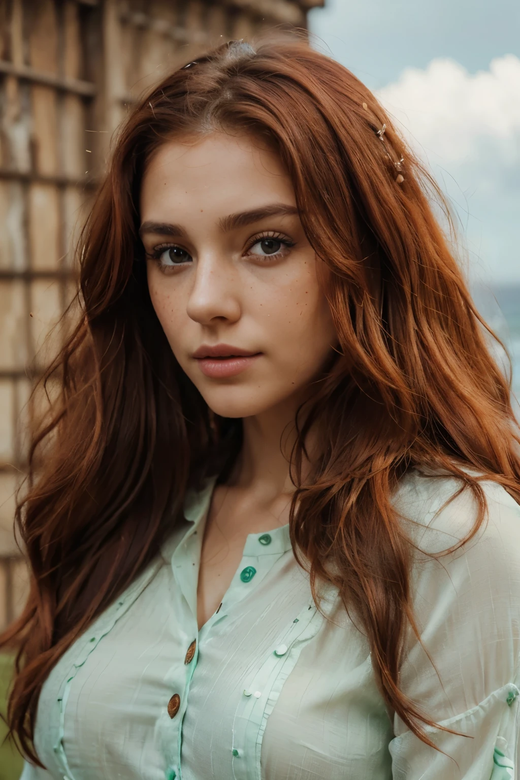 photorealistic image 21 year old girl, very beautiful, brown skin, body hair (far away, Red-Haired frio escuro, Red-Haired, dark cold red, far away até a cintura, with waves), fleshy lips, green eyes with brown spots, with light freckles on the nose, wearing a green blouse, with a neutral facial expression, featuring exquisite hairstyles that cascade into soft curls or bold waves, ((((Highly detailed and realistic))) and textured, with ultra-sharp 4k resolution, RTX rendered, with hyperrealism and ultra-focused details, This masterpiece comes to life through HDR lighting and depth of field effects, mostrando cada mecha de seu body hair Red-Haired flamejante e os reflexos hipnotizantes em seu profundo, captivating eyes, for a truly immersive experience. Make her dressed, with green blouse.
