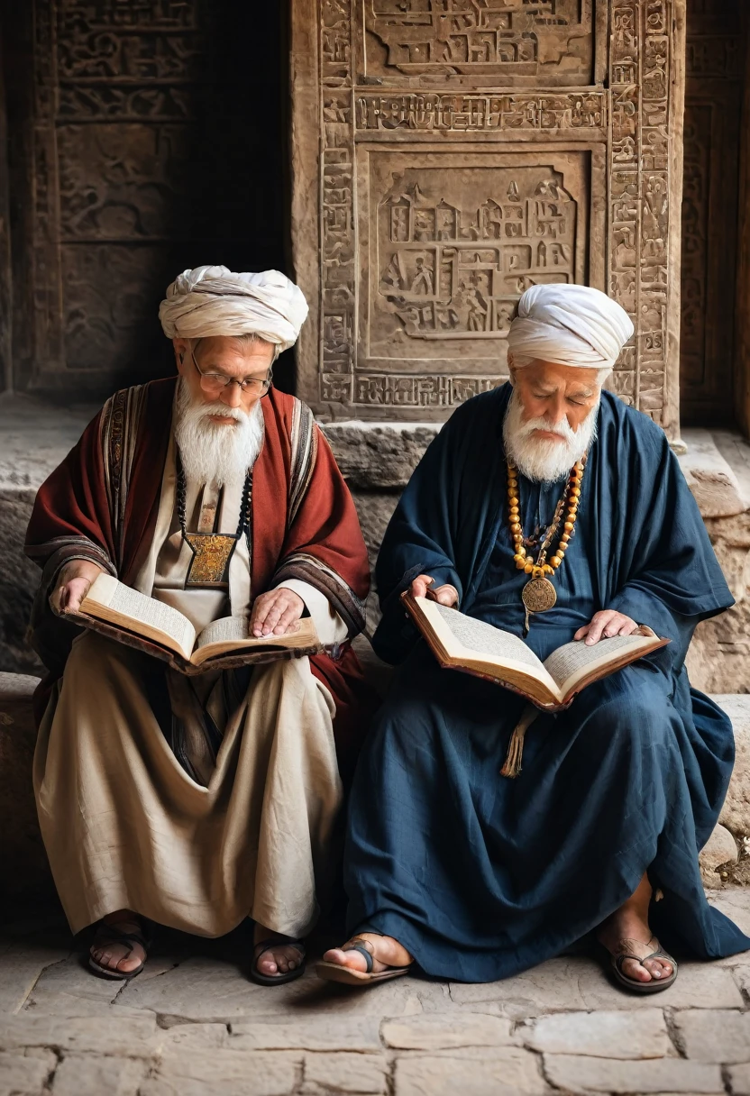 elderly people in ancient clothes reading ancient manuscripts