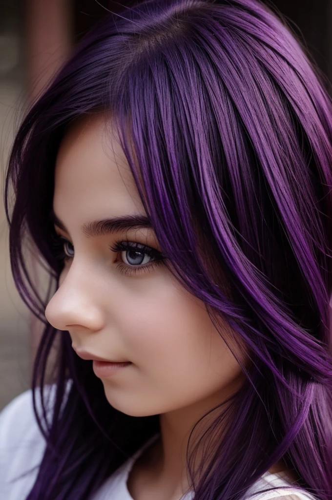 create a photo of a girl, animated minds to see, with dark purple hair,