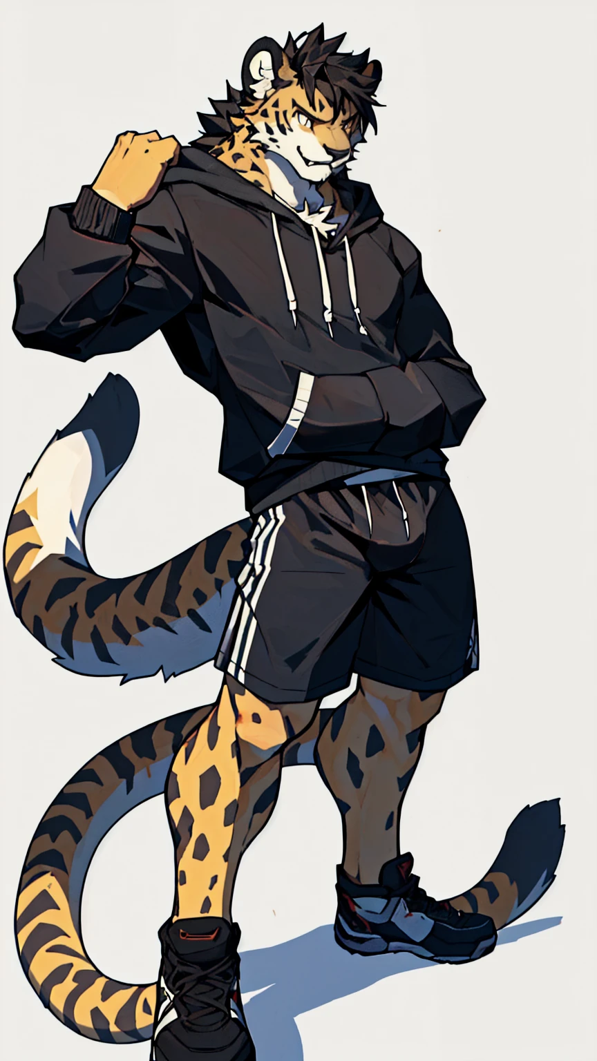 Random Background，high resolution，4K，masterpiece，high quality，Warm man，29 years old，((Cheetah))，male，((whole body:1.4，Strike a pose:1.5，fiercely:1.3，grimace in pain:1.4))，CheetahFurry，（teenager:1.5，hairy），((Moderate:1.2，short hair:1.3))，((Strong body:1.5，Long legs:1.3，big ear:1.3，Thick long tail，Long legs))，(((Grey sweatshirt，Black sports shorts)))，(((Hair:1.6，充满Moderate肌肉:1.3，Golden Eyes:1.4，Black hair:1.3，White chest:1.3，White belly:1.4，Limbs:1.4，Crotch bulge)))，Delicate eyes:1.6，Fine details，Detailed body，（Detailed hand details:1.4）