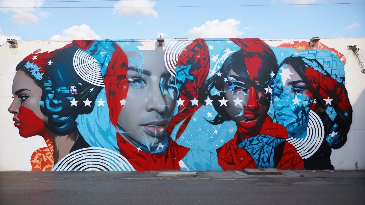 mural of a group of women with stars and stars on the wall of a building, Tristan Eaton, Tristan Eaton & Greg Rutkowski, Tristan Eaton's wallpaper, Wall art, urban art, artist unknown, street art 8k, Muralism, Zach Stella, urban art style, thomas kinkade and Tristan Eaton, Very neat, colorful painting on the walls