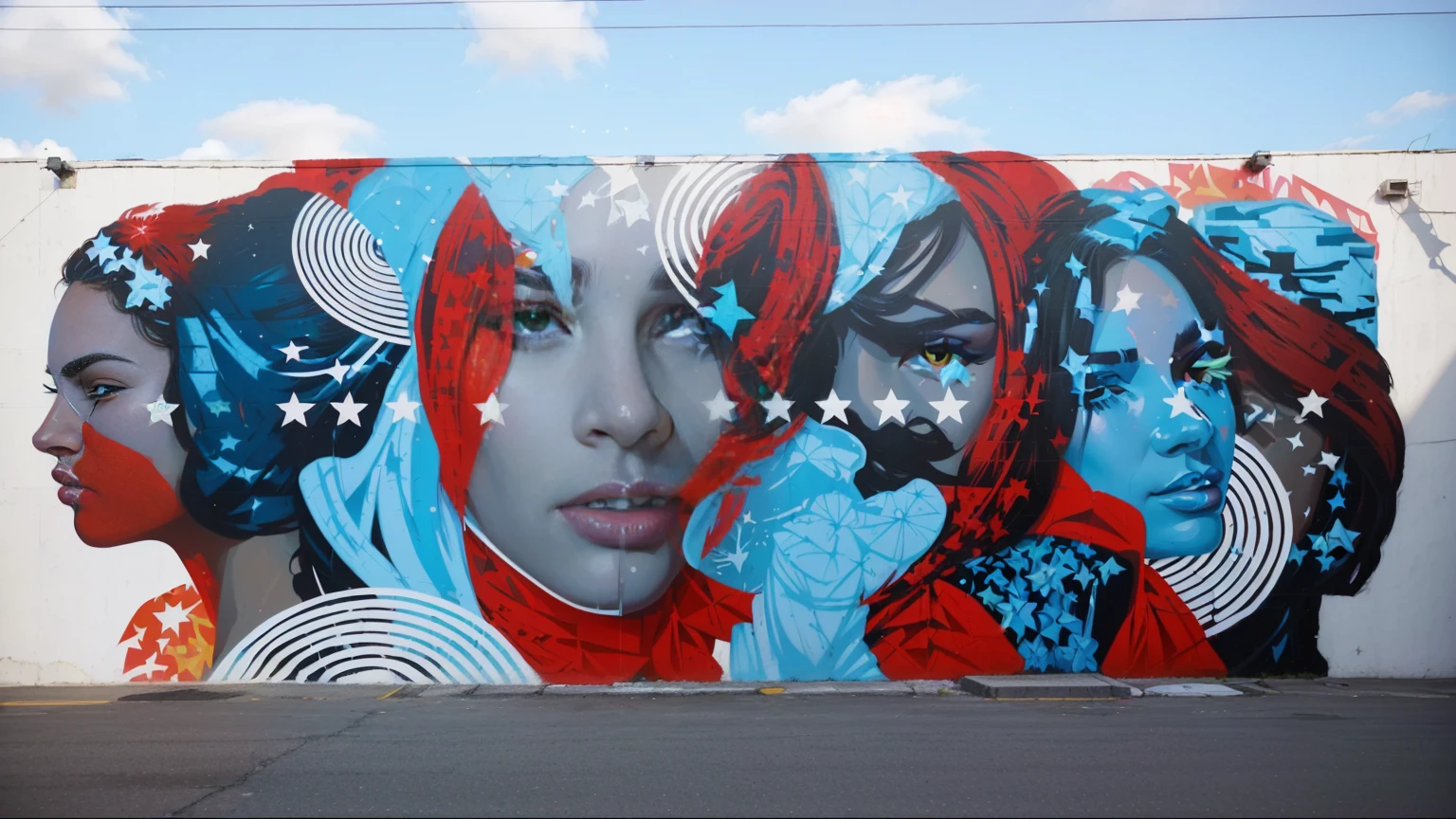 mural of a group of women with stars and stars on the wall of a building, Tristan Eaton, Tristan Eaton & Greg Rutkowski, Tristan Eaton's wallpaper, Wall art, urban art, artist unknown, street art 8k, Muralism, Zach Stella, urban art style, thomas kinkade and Tristan Eaton, Very neat, colorful painting on the walls