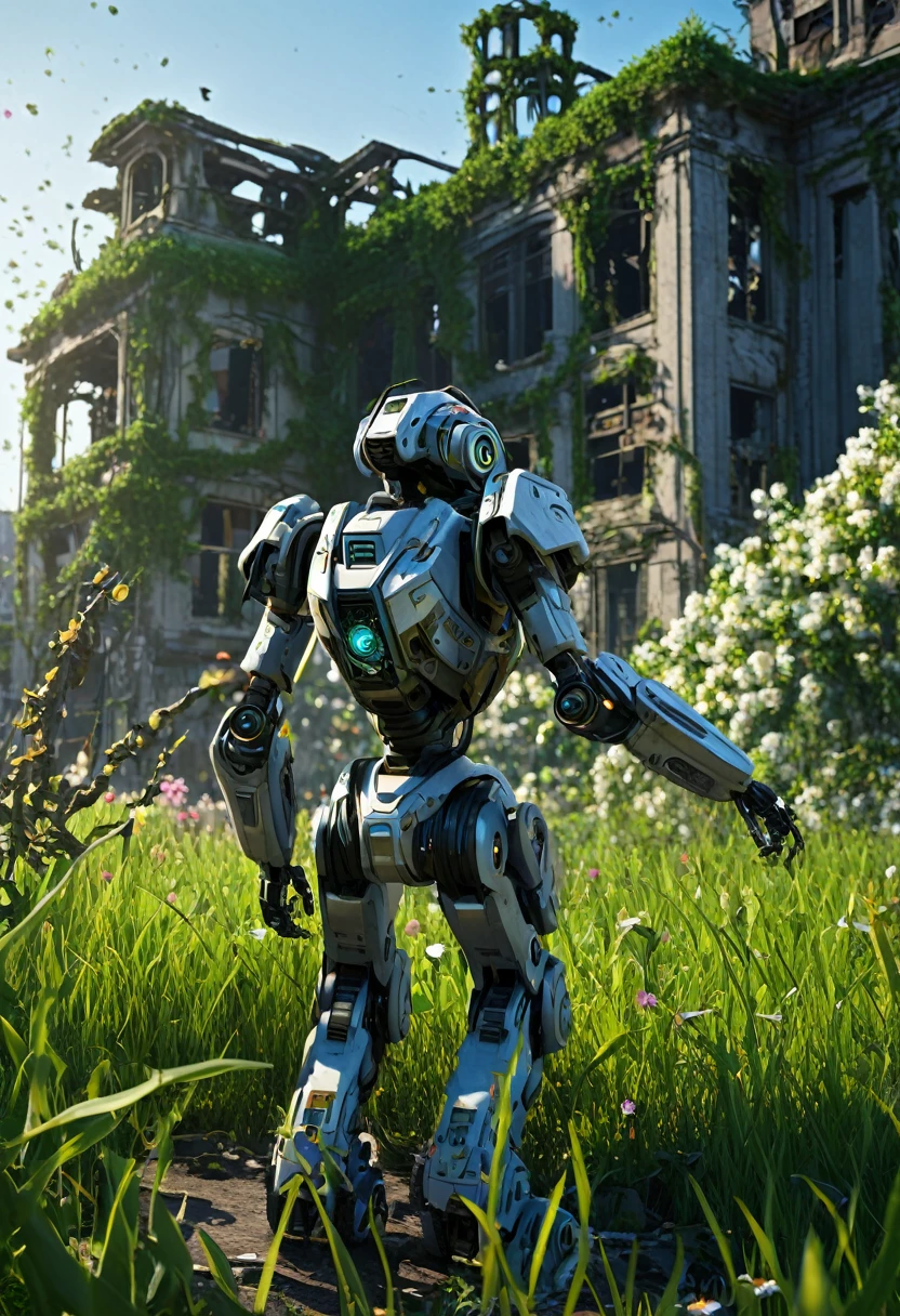 highly detailed, beautiful, best quality, super detailed, high quality, sharp focus, intricate details, combat robot, ruined city, 1girl, , , school backpack, nature, grass, vines, flowers, day, sun