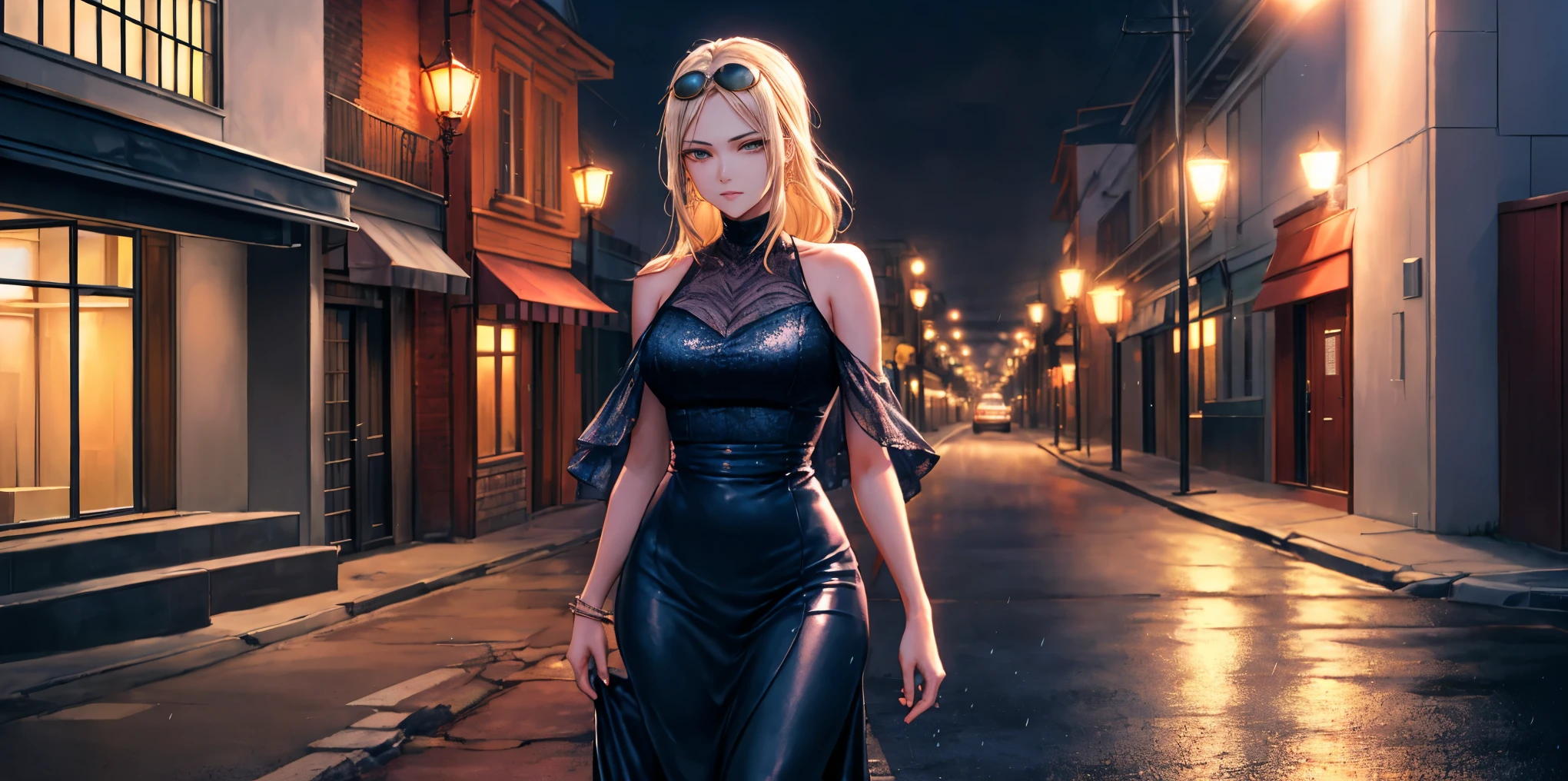 Setting: Atmospheric Street Background (Think bustling city street at night with neon lights and rain, a foggy alleyway, or a deserted highway at dusk) - Choose the specific atmosphere you desire. Character: Appearance: Ultra Quality - High level of detail and realism Shiny Skin - Glowing and healthy Long wet Hair - Flowing down the back Narrowed Eyes - Focused and intense expression (sharp or piercing) Attire: Long Dress - Elegant and flowing Pose: Fingers Crossed - A gesture hinting at hope, nervousness, or even making a wish. Accessories: Sunglasses - Adding a touch of mystery or coolness (consider the style of sunglasses to match the overall mood) Additional Notes: Consider adding details about the character's posture (standing tall, leaning against a wall, etc.) to enhance the scene. The quality of the image is 8K or Cinematic 