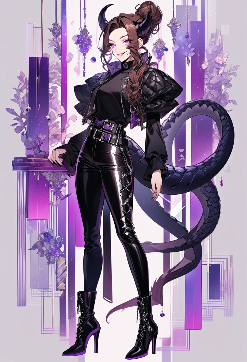 Tall woman, cheeky smile, brunette, hair gathered in a low bun, strands on the sides of face, red and black clothes with transparent elements, purple eyes, dragon tail and horns, belts, pants, light lipstick, high heels leather boots