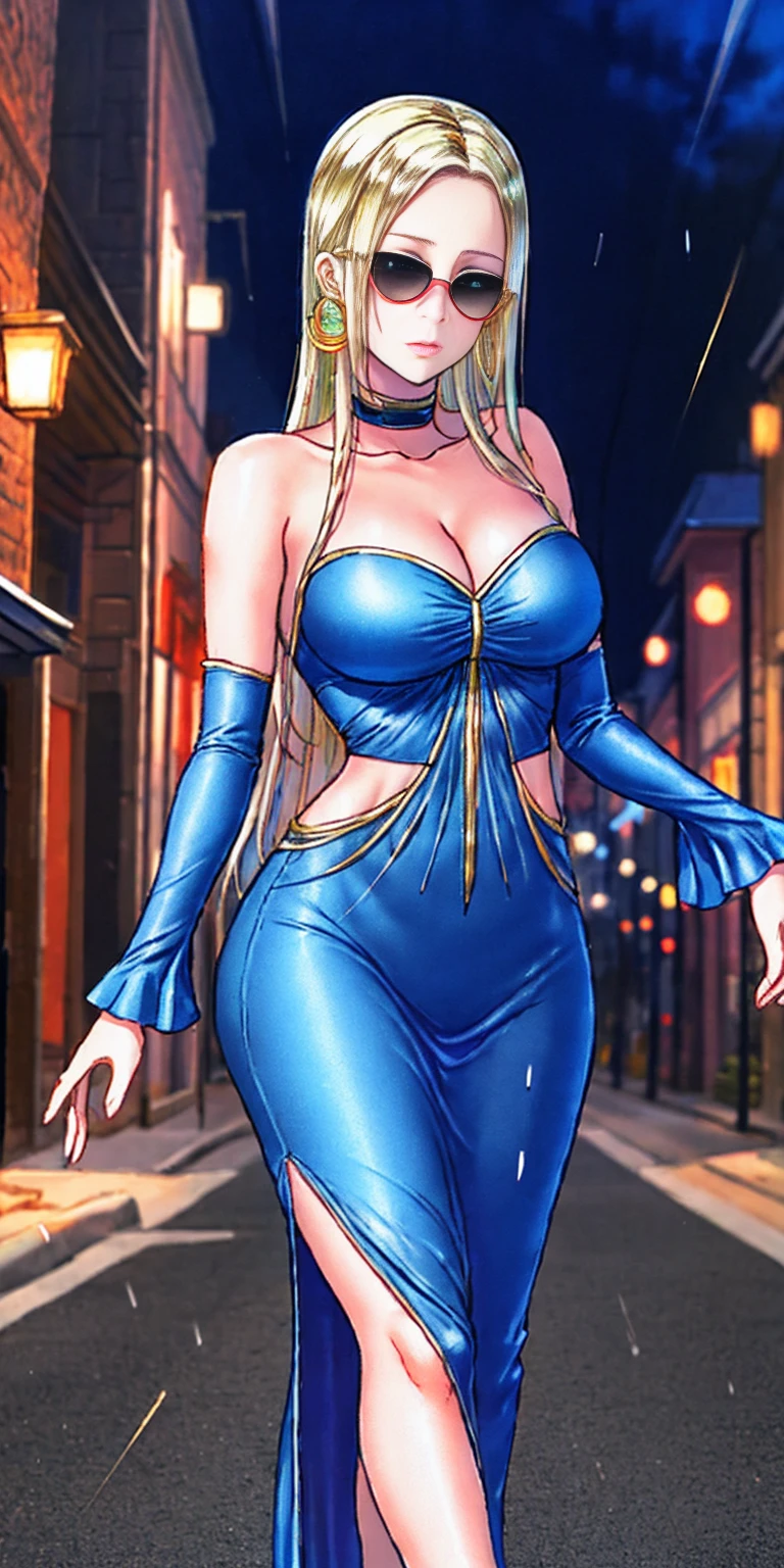 Setting: Atmospheric Street Background (Think bustling city street at night with neon lights and rain, a foggy alleyway, or a deserted highway at dusk) - Choose the specific atmosphere you desire. Character: Appearance: Ultra Quality - High level of detail and realism Shiny Skin - Glowing and healthy Long wet Hair - Flowing down the back Narrowed Eyes - Focused and intense expression (sharp or piercing) Attire: Long Dress - Elegant and flowing Pose: Fingers Crossed - A gesture hinting at hope, nervousness, or even making a wish. Accessories: Sunglasses - Adding a touch of mystery or coolness (consider the style of sunglasses to match the overall mood) Additional Notes: Consider adding details about the character's posture (standing tall, leaning against a wall, etc.) to enhance the scene. The quality of the image is 8K or Cinematic
