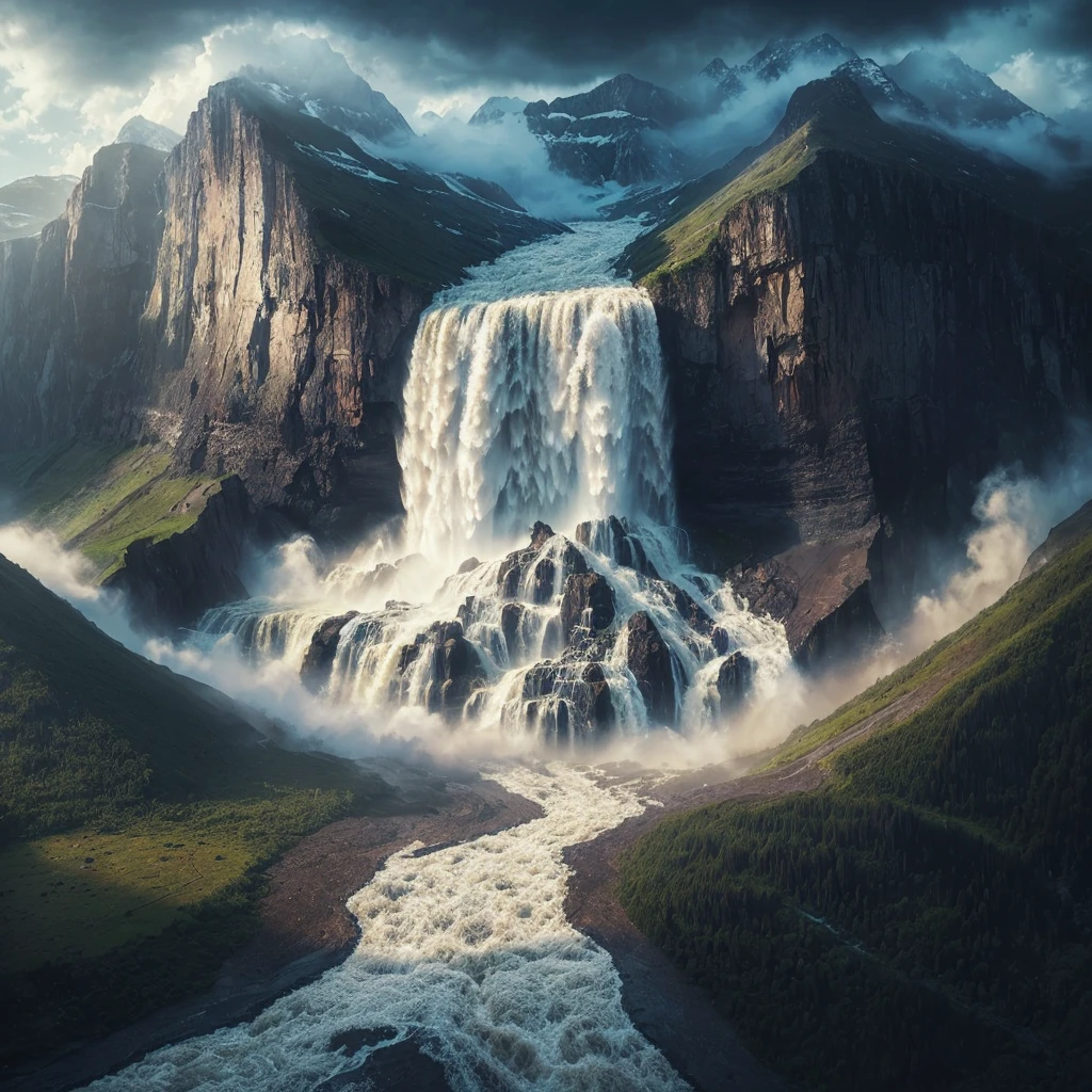 Real image, front. A waterfall of flood water falls down a mountain. Photorealism, full view, highly detailed image, very realistic, hyperrealism, Ultra HD, 8k, 5, sharp focus, intricate and mysterious masterpiece. (Long exposure photography Artistic illustration close-up portrait very detailed: final quality, medium shot, backlight, Rich and striking. Enigmatic and mysterious manipulations (composition of the rule of thirds), ((detailed environment with strong lines) The best quality, in camera, white light, warm and clean aesthetics, dazzling screen composed of millions of brilliant ultraviolet rays, HDR.