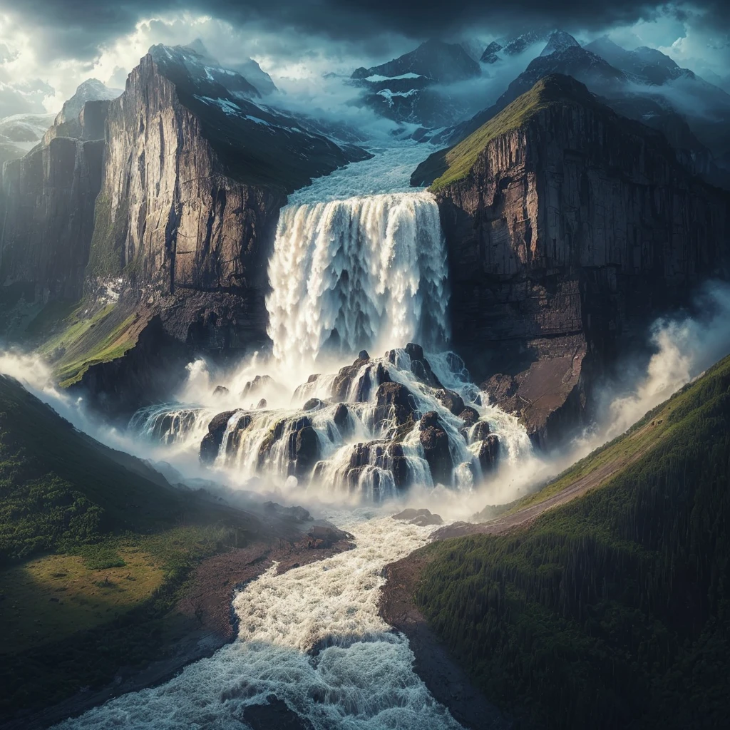 Real image, front. A waterfall of flood water falls down a mountain. Photorealism, full view, highly detailed image, very realistic, hyperrealism, Ultra HD, 8k, 5, sharp focus, intricate and mysterious masterpiece. (Long exposure photography Artistic illustration close-up portrait very detailed: final quality, medium shot, backlight, Rich and striking. Enigmatic and mysterious manipulations (composition of the rule of thirds), ((detailed environment with strong lines) The best quality, in camera, white light, warm and clean aesthetics, dazzling screen composed of millions of brilliant ultraviolet rays, HDR.