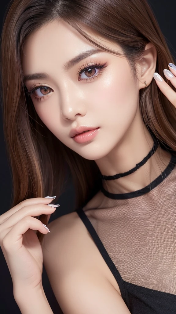 ((Highest quality、8K、masterpiece、Realistic live action:1.3))、Sharpness:1.2、Perfect body beauty:1.4、Slim Abs:1.2、((Mesh Hair Color、Big Breasts:1.2))、(Black Mini Dress:1.1)、(Night view、City:1.2)、Highly detailed face and skin texture、Fine particles、double eyelid、looking at the camera、((Beautiful Skin))Fashion Model、Moisturizing Skin、Shiny, beautiful skin, lip-syncing lips、Realistic live action、False eyelashes、Nail nails、