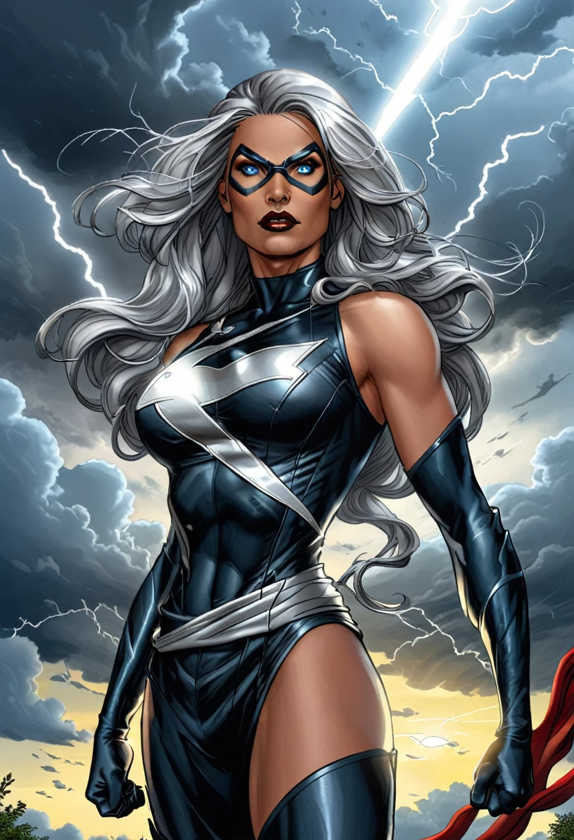 She is a tall, athletic woman with long silver hair., that glows slightly when he uses his powers. His eyes change color depending on his emotional state and the weather phenomena he manipulates., from a calm sky blue to a stormy gray. Her heroine outfit is black and white., with silver details reminiscent of lightning and clouds.tornado symbol next to captain america