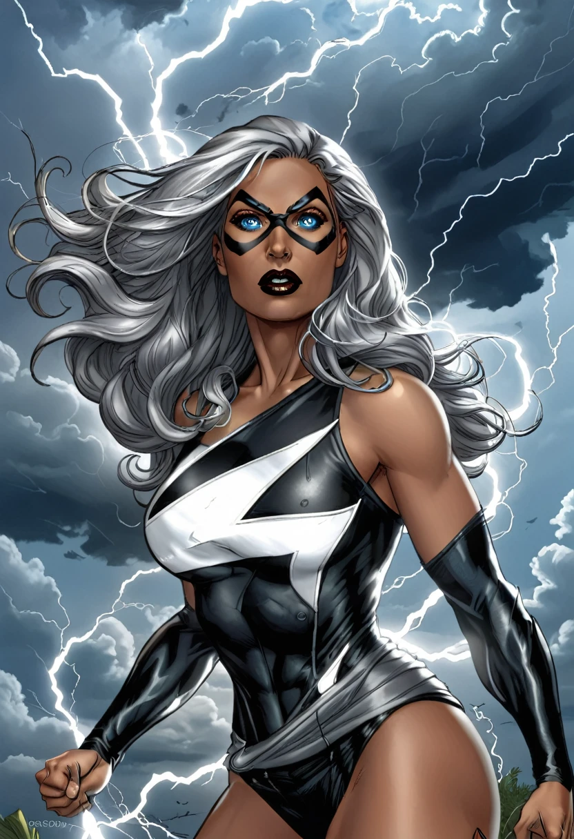 She is a tall, athletic woman with long silver hair., that glows slightly when he uses his powers. His eyes change color depending on his emotional state and the weather phenomena he manipulates., from a calm sky blue to a stormy gray. Her heroine outfit is black and white., with silver details reminiscent of lightning and clouds.tornado symbol next to captain america