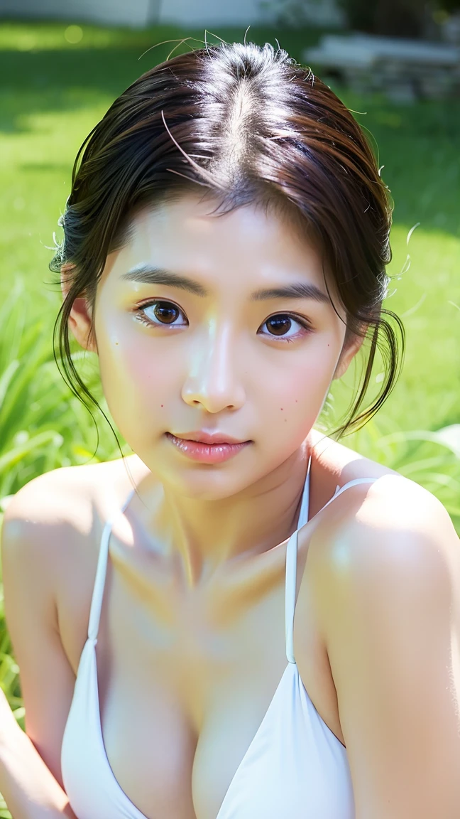(((Medium Hair))), top-quality, 8K, nffsw, Hi-Res, absurderes:1.2, blurry backround, bokeh dof:1.2, a picture, (Raw photography:1.2), (Photorealsitic:1.4), (masterpiece:1.3), (intricate detailes:1.2), 1girl in, 独奏, a japanese girl, sixteen years old 、Delicate and beautiful details, (A detailed eye), (detailed facial features),, tonned skin, (up looking_で_viewer), from a_front, (skiny), (top-quality:1.4), (超A high resolution:1.2), cinematric light, (Extreme detailed illustration), (lipgloss、top-quality、超A high resolution、depth of fields、Caustics、Broadlighting、Natural Shading、85 mm、F / 1.4、ISO 200、1 / 160 seconds:0.75)、1girl in、独奏、flowy hair
