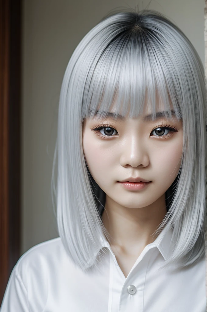 Chinese girl, silver hair, pale skin, white eyes