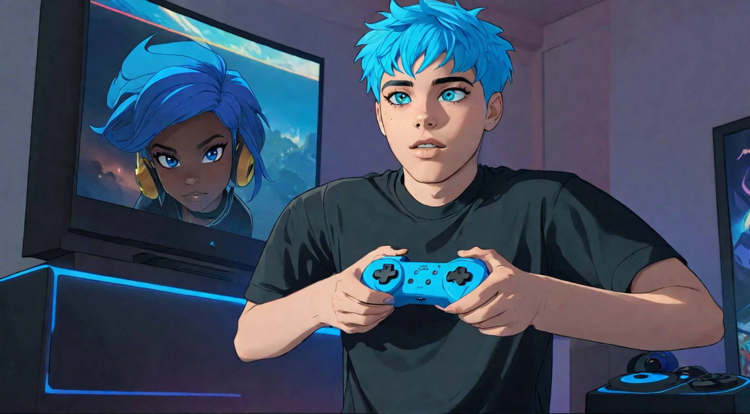 A black ager with blue hair on the sides and black on top, eyes with light blue and dark blue heterochromia, wearing a black shirt, playing video game