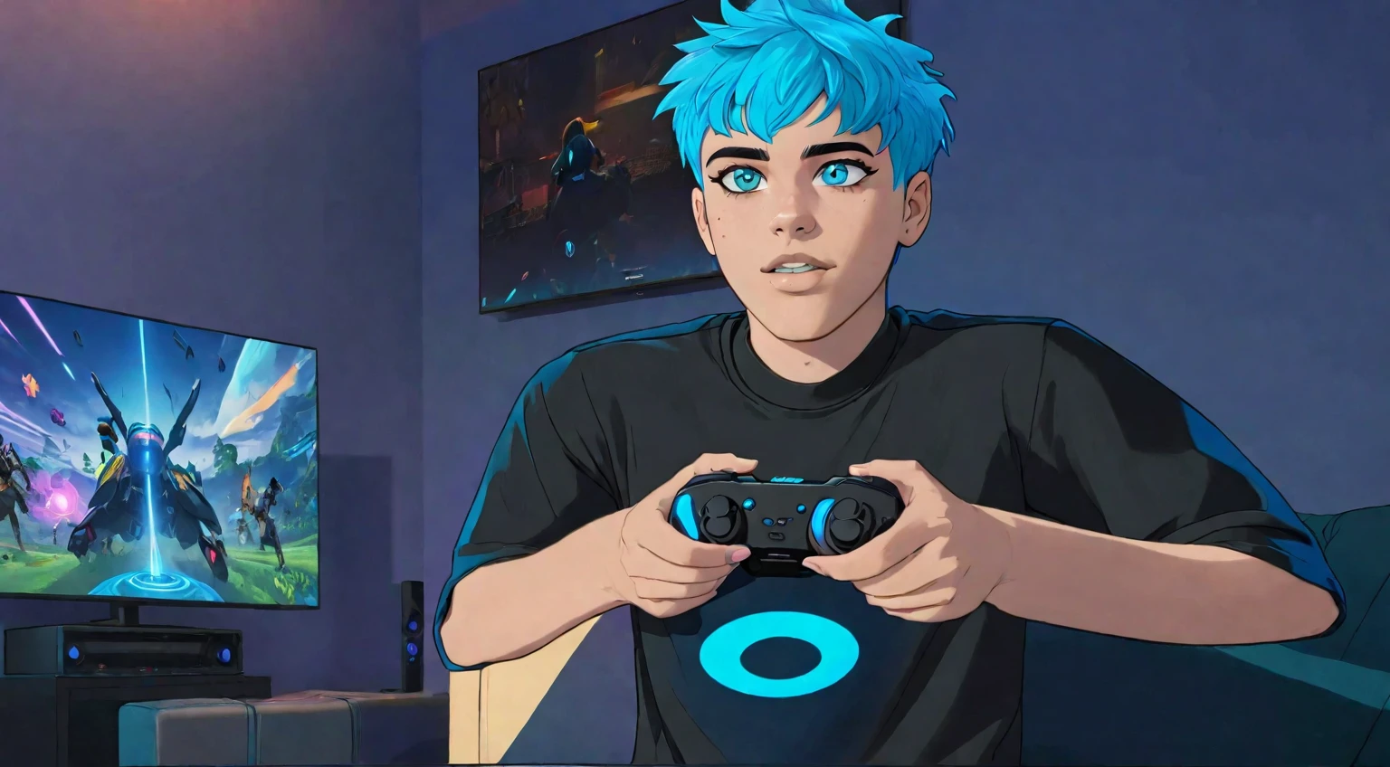 A black teenager with blue hair on the sides and black on top, eyes with light blue and dark blue heterochromia, wearing a black shirt, playing video game