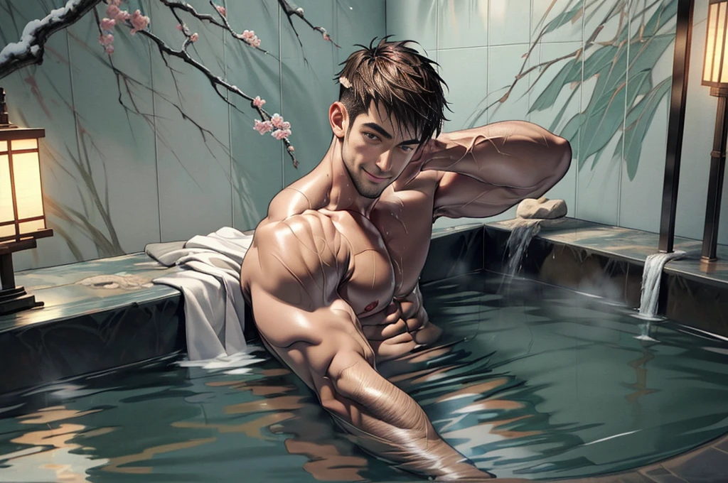 Clear background、A handsome tall Japanese man, He is 28 years old,Thin waist,The pectoral muscles are well developed, He is 175cm tall,Weight 62 kg、Brown eyes、brown hair color、short hair、Shirtless、Wearing a bath towel around the lower body、looking into camera,Smile,In a spacious Japanese hot spring bathhouse,Japanese style painted tiles,Mount Fuji wall painting,Mirror,Barrel,Bath amenities,Soaked all over,water vapour,Japanese style