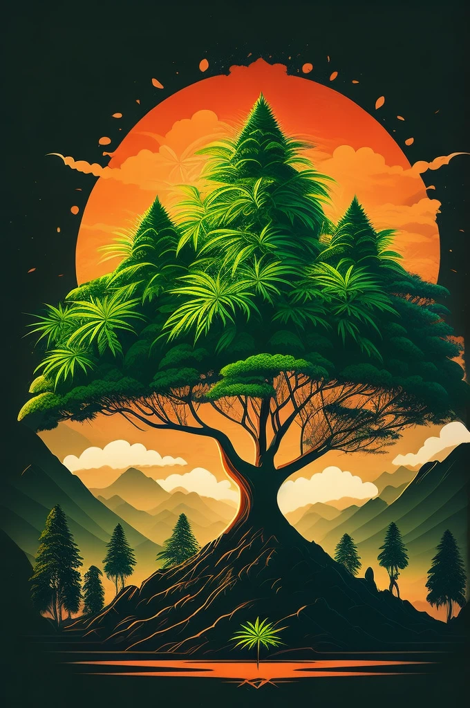 a marijuana tree in the Indonesian landscape, t-shirt design, rzminjornada, vectorial art