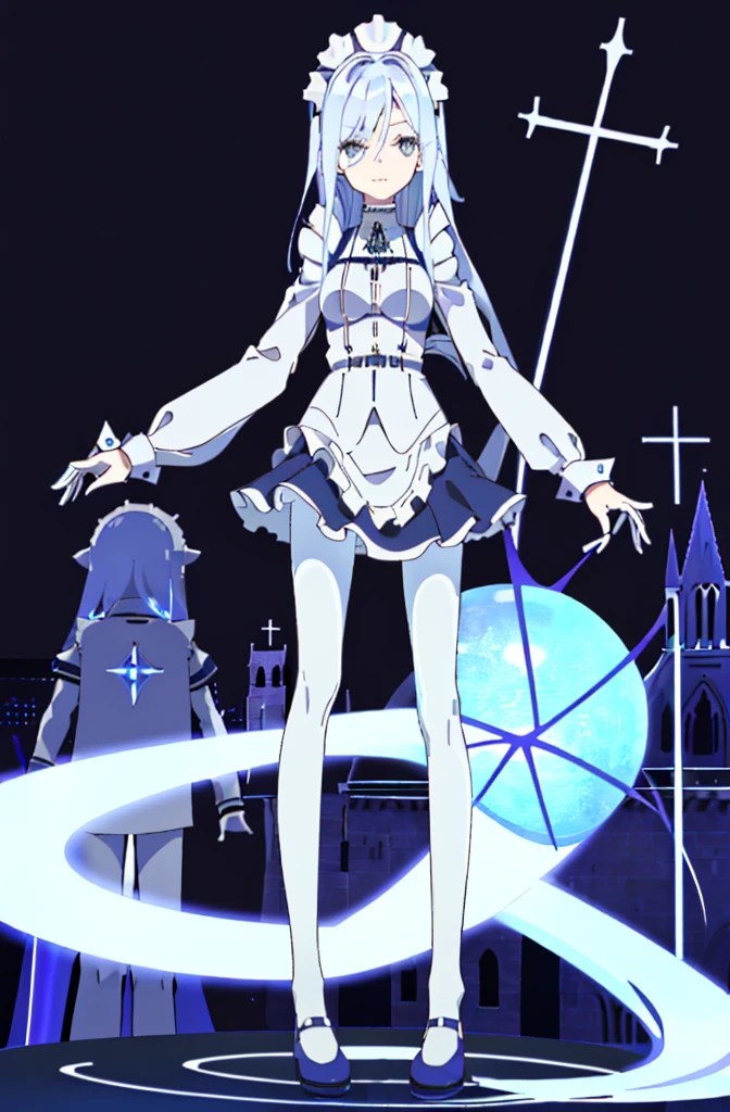 ((cathedral background)),1 girl,blue hair, plump and slender girl, (girl wearing white shirt, black wrinkled skirt, with black transparent pantyhose), ((blue medium hair)),((White Maid Costume)),blue eyes,((whole body)),whole body,((White Maid Costume)),((White Maid Costume)),evil smile,((cathedral background)),((cathedral background)),((slim body)),((slender body)),((thin legs)),
