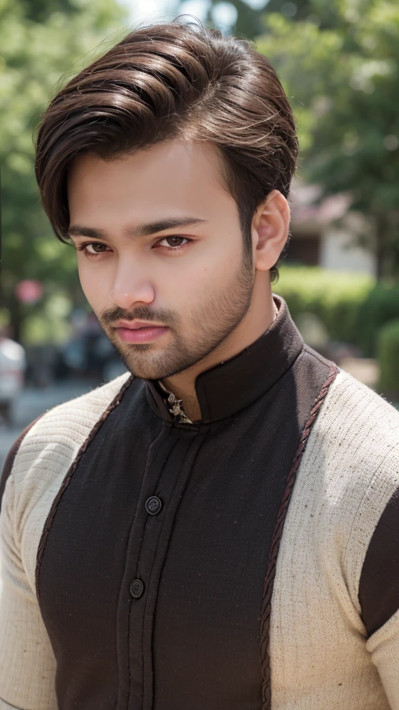 A beautiful young bearded man with highly detailed skin.black hair.happy emotion