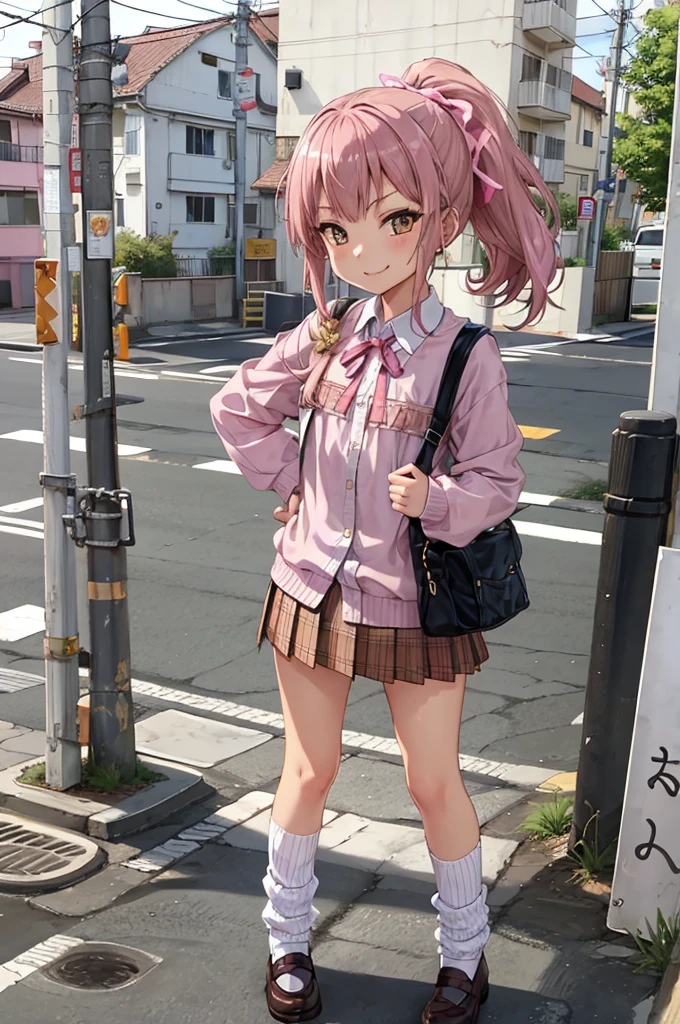 1girl,pink shirts,neck ribbon loose socks,,miniskirt,standing,outdoor,smirk,flat chest,smile,(((gyaru))),ponytail