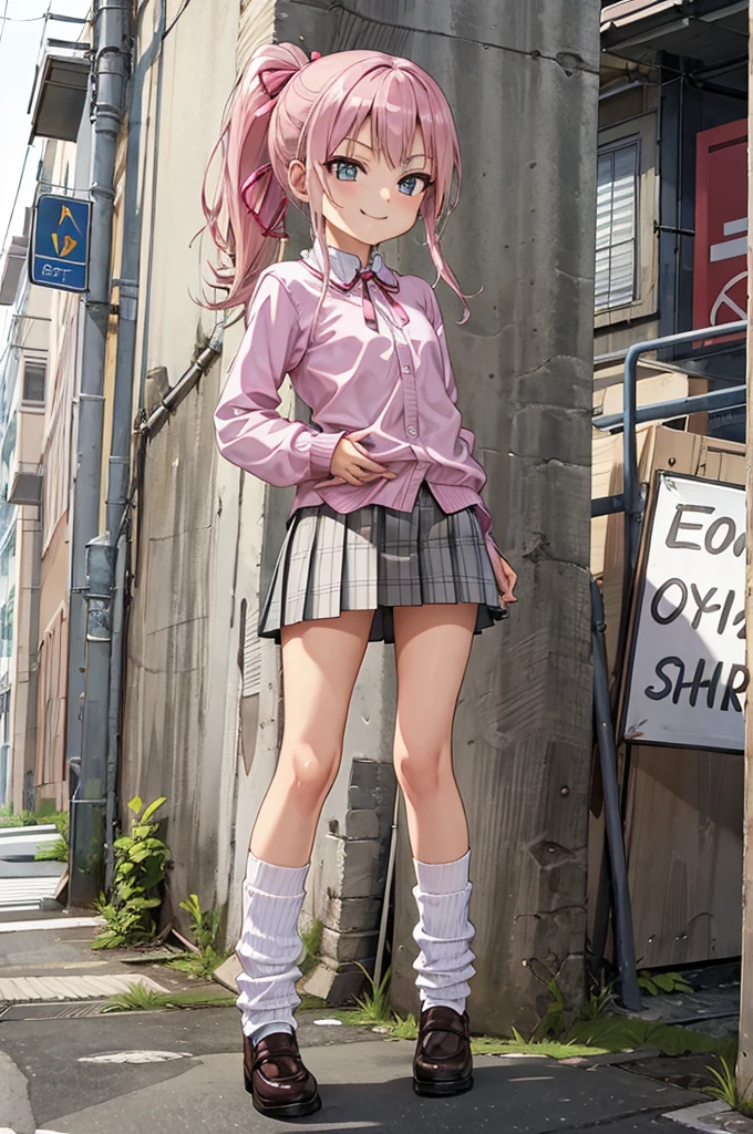 1girl,pink shirts,neck ribbon loose socks,,miniskirt,standing,outdoor,smirk,flat chest,smile,(((gyaru))),ponytail