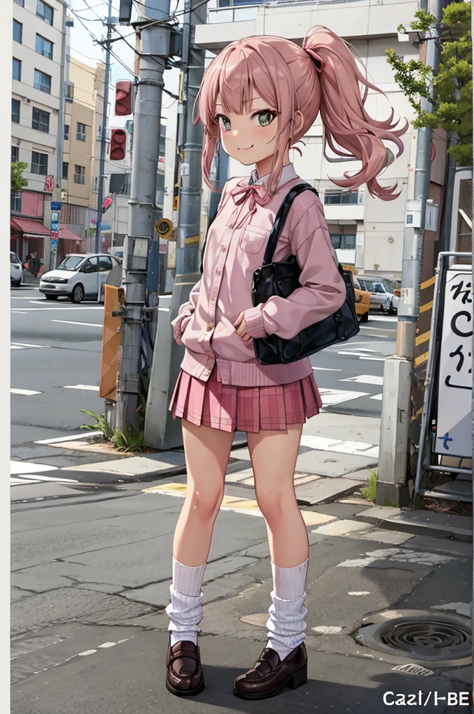 1girl,pink shirts,neck ribbon loose socks,,miniskirt,standing,outdoor,smirk,flat chest,smile,(((gyaru))),ponytail