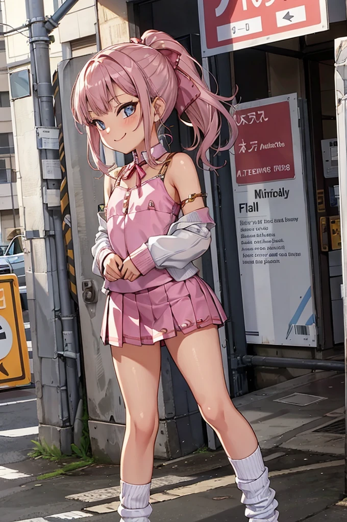 1girl,pink shirts,neck ribbon loose socks,,miniskirt,standing,outdoor,smirk,flat chest,smile,(((gyaru))),ponytail