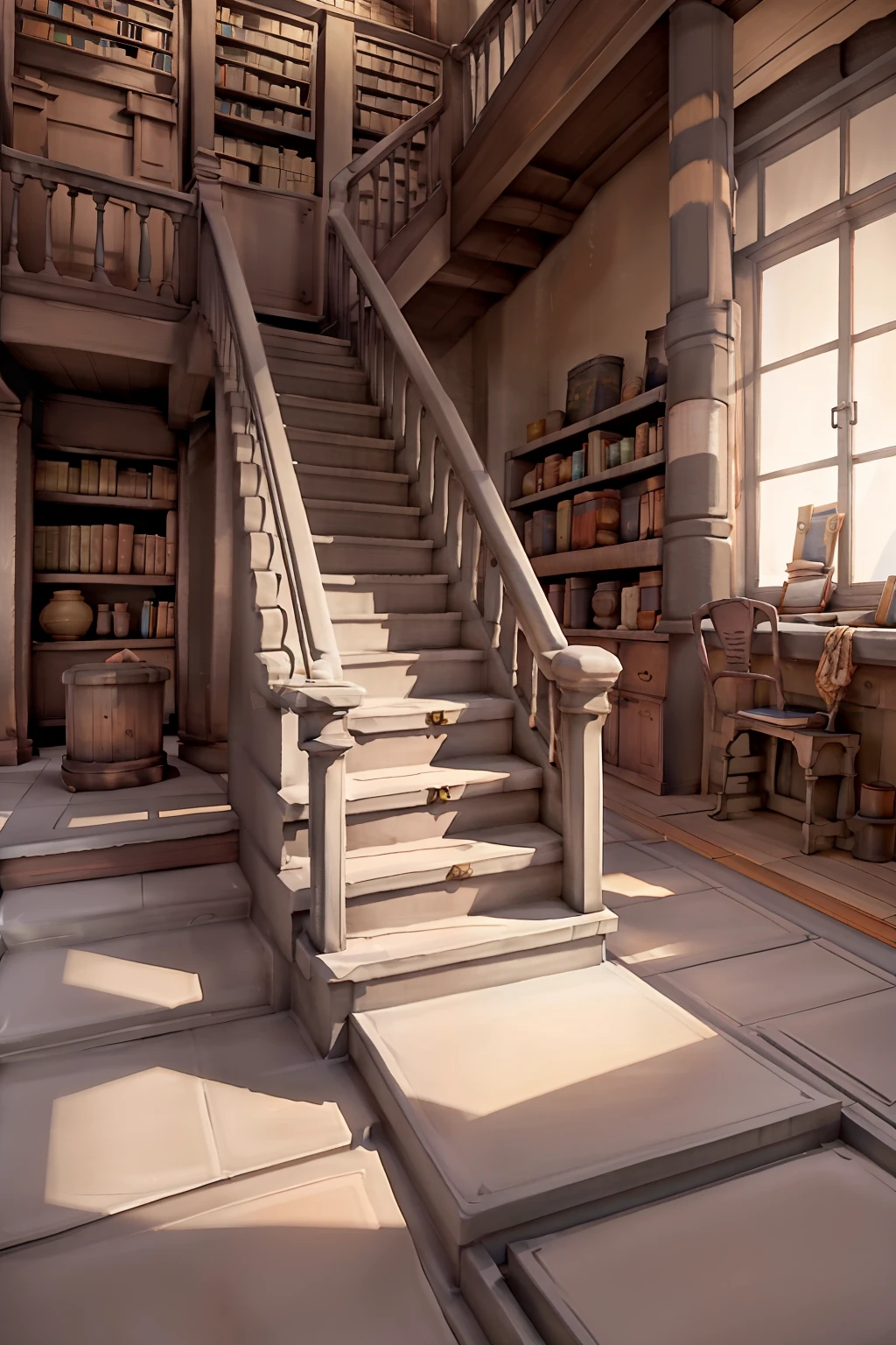 Cement library with stairs in the foreground,that the stairs are visible and that the stairs have phrases of wisdom, and at the bottom of the stairs on the second floor a graduated woman.