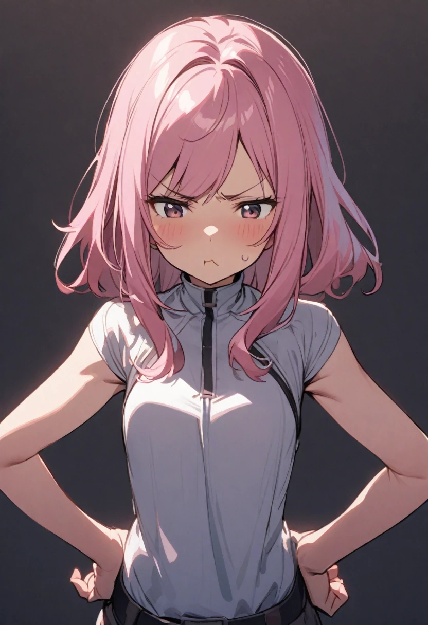 Pink haired girl、Hands on hips、Pouting、Upper Body