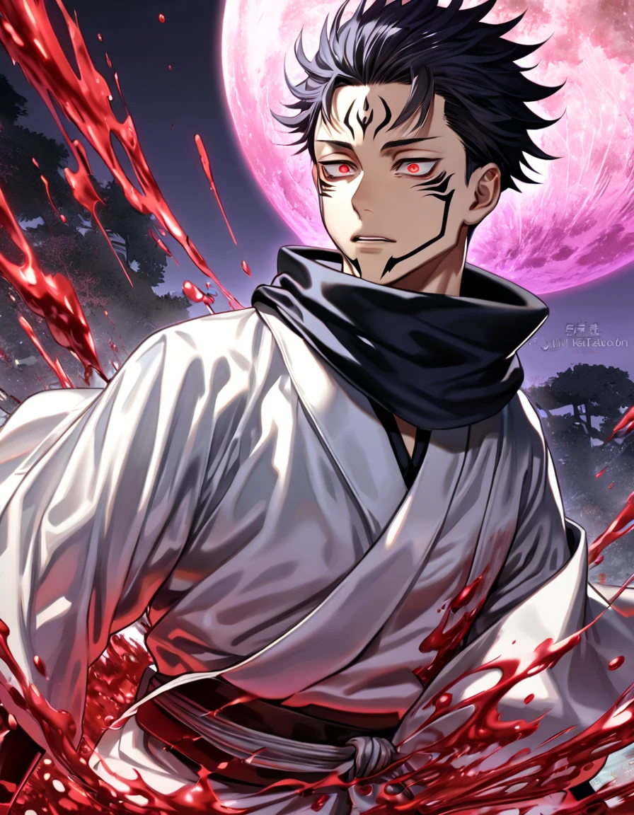 absurdres, highres, ultra detailed, HDR, masterpiece, best quality, Ryomen Sukuna, black hair, expressive red eyes, Jujutsu Kaisen, solo, sexy man, handsome, black scarf, white kimono, red blood water, purple moon, magical, pink hairs, yuji Itadori's body takeover