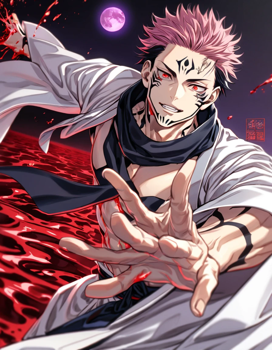 absurdres, highres, ultra detailed, HDR, masterpiece, best quality, Ryomen Sukuna, black hair, expressive red eyes, Jujutsu Kaisen, solo, sexy man, handsome, black scarf, white kimono, red blood water, purple moon, magical, pink hairs, yuji Itadori's body takeover