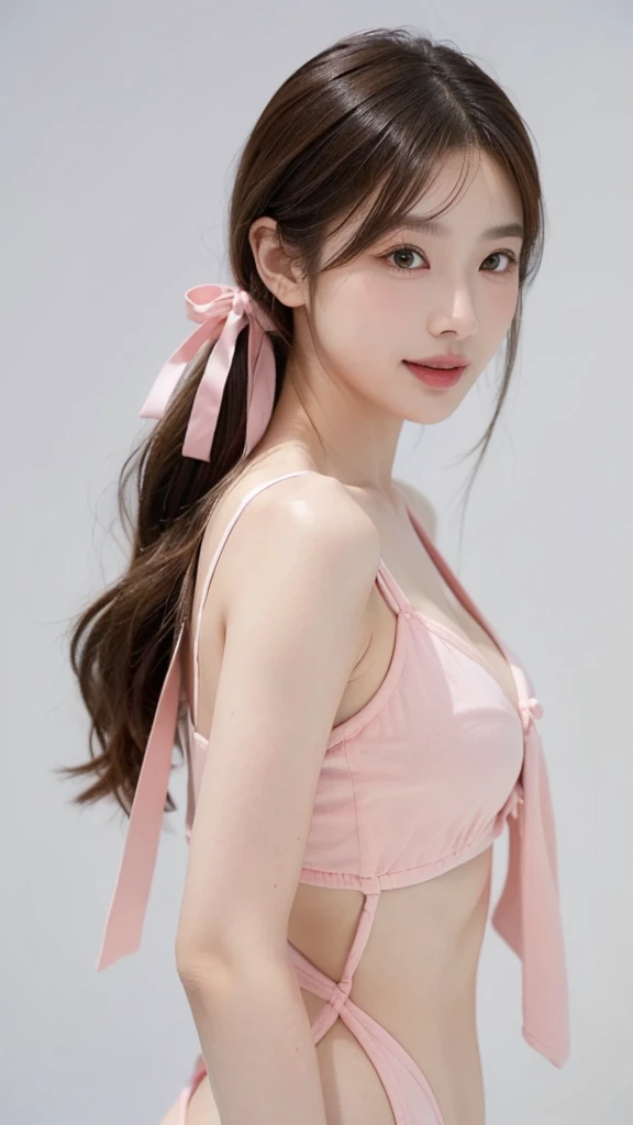 ((masterpiece: 1.4, best quality))+,(ultra detail)+, official art, unity 8k wallpaper, ultra detail, beautiful, high quality, Highlight your cute face, masterpiece, best quality, semi straight medium length hair, (brown eyes, brown hair), bust, 10 degree side view from the front, laugh, Swimsuit model in pink and white pattern, (bust:1.3)