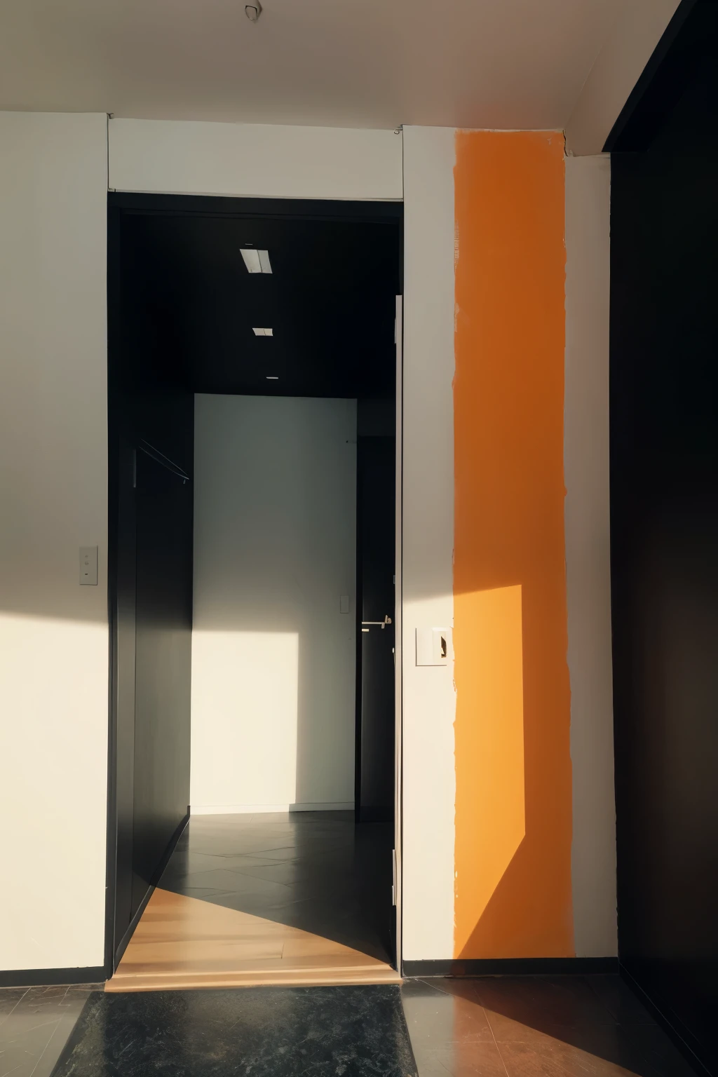 Wall painted half black, half white and an orange line on the divider 